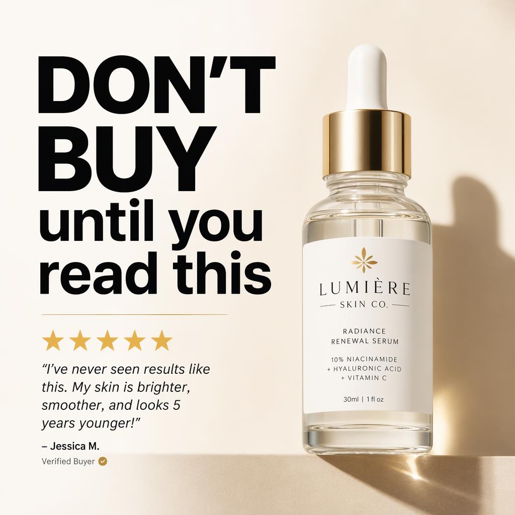 DTC skincare ad: 'Don't buy until you read this' with a 5-star review